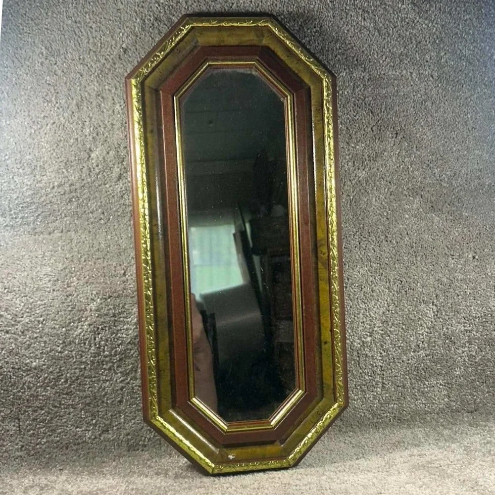 Octagon Wall Mirror Gold Brown Wood Frame Vintage Regency